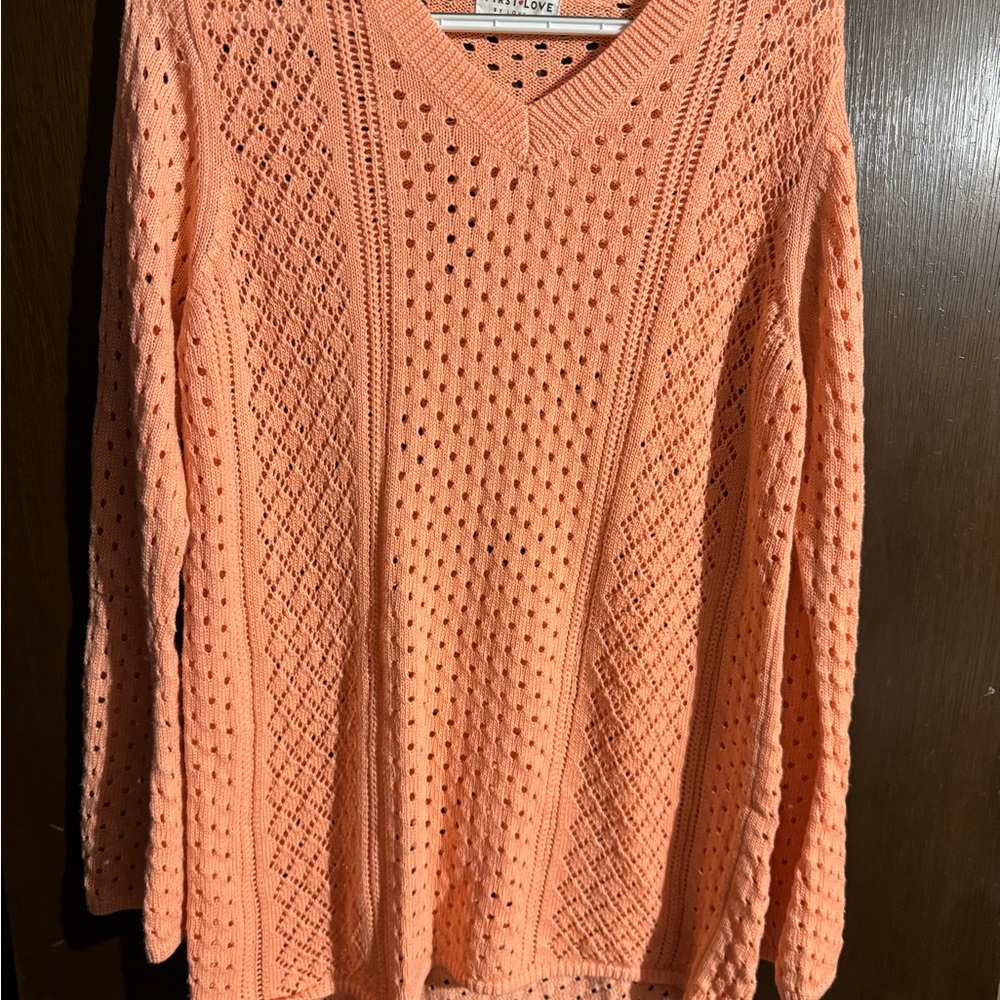 First Love Orange Crew Neck Sweater with Honeycomb Texture
